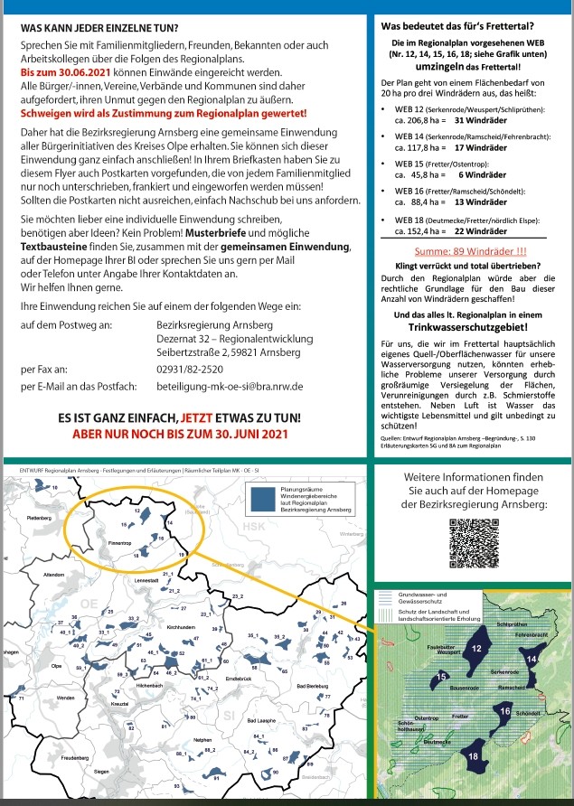 Flyer Rückseite mit Informationen zum Regionalplanentwurf und was das für unsere Region im Frettertal bedeutet