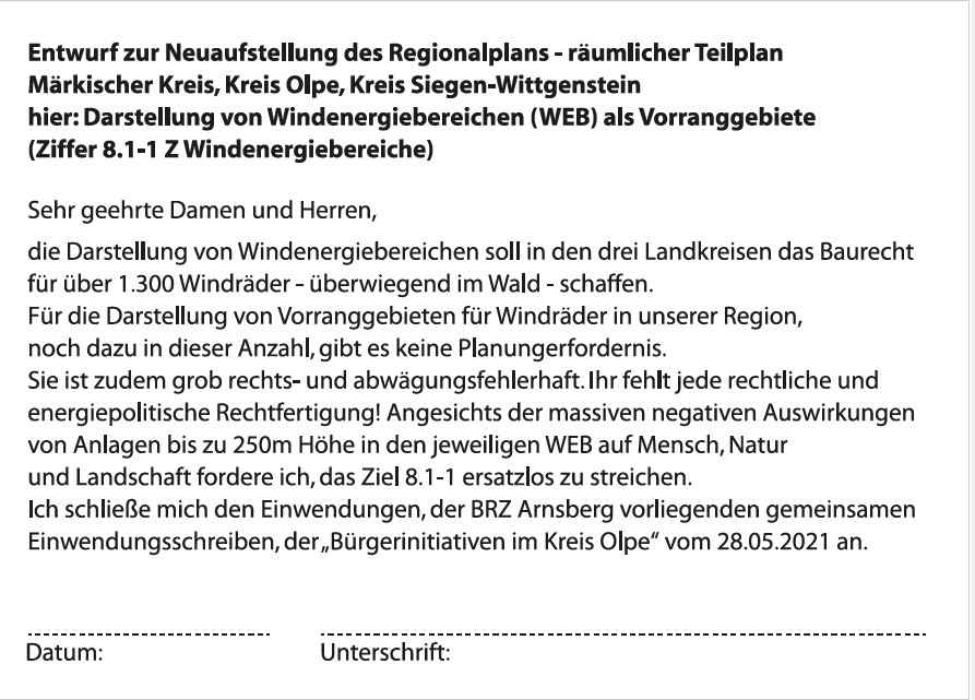 Postkarte Rükseite zur gemeinsamen Einwendung gegen den Regionalplanentwurf WEB an den RBZ Arnsberg