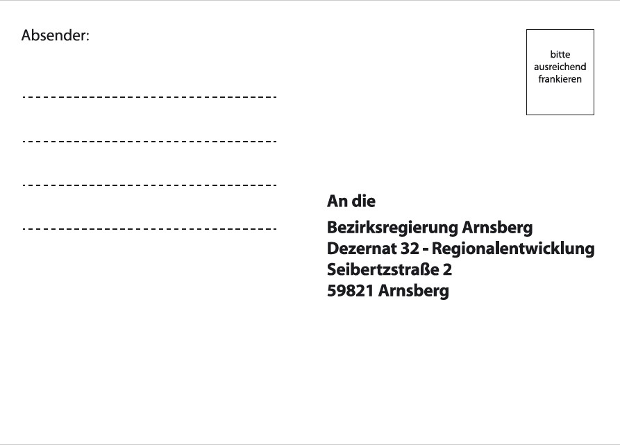 Postkarte Vorderseite zur gemeinsamen Einwendung gegen den Regionalplanentwurf WEB an den RBZ Arnsberg
